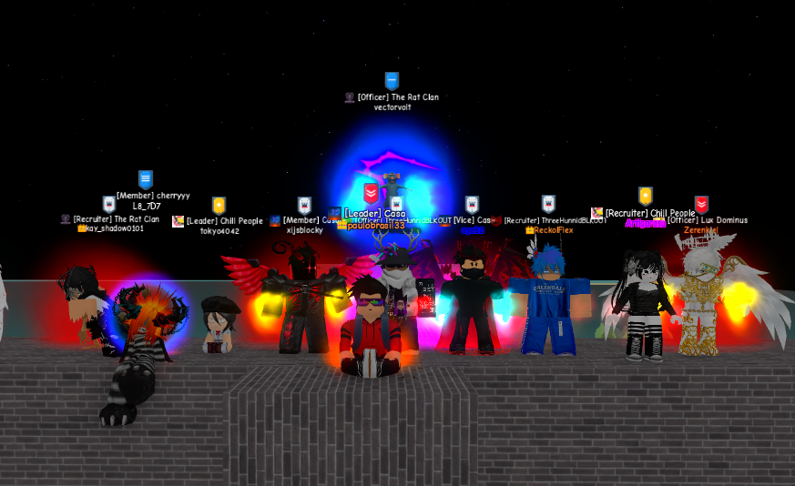 A group of players standing together displaying different high-tier cosmetic auras